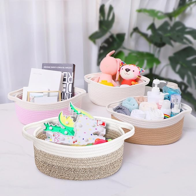 ABenkle Small Basket with Gift Bags and Ribbons, Empty Gift Baskets for Mother's Day, Decorative Boho Rope Woven Nursery Storage Organizer Toy Baskets with Handle for Baby Showers, 12"X 8" X 5"