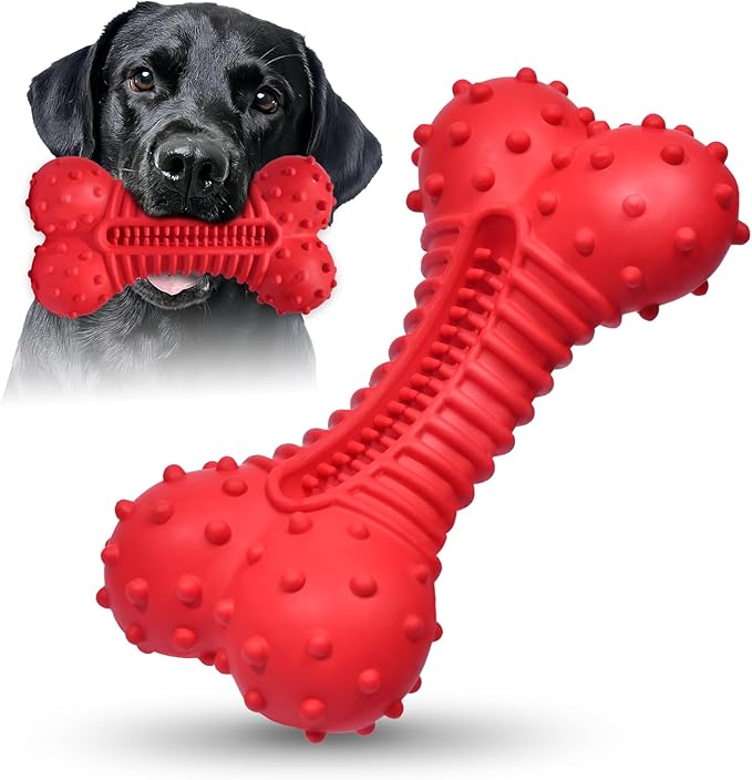 Ouilter Dog Toys for Aggressive Chewers, Dog Chew Toys for Medium Large Dogs, Durable Natural Rubber Dog Toys with Bacon Flavor, Indestructible Dog Toy, Red
