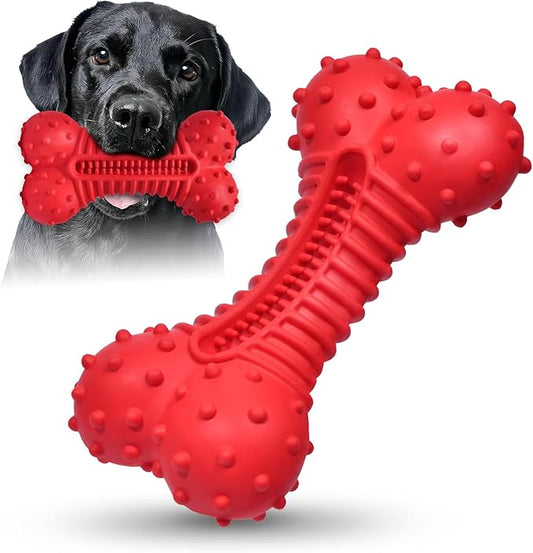Ouilter Dog Toys for Aggressive Chewers, Dog Chew Toys for Medium Large Dogs, Durable Natural Rubber Dog Toys with Bacon Flavor, Indestructible Dog Toy, Red