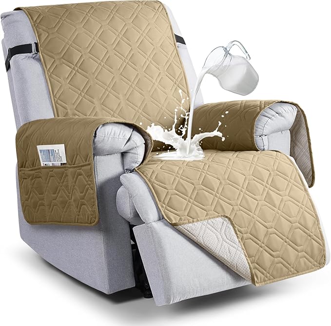 VANSOFY 100% Waterproof Recliner Chair Covers, Recliner Cover Non-Slip Dog Chair Cover Furniture Protector Washable Slipcover with Pocket, Elastic Straps for Pets, Dogs(Sand, 25")