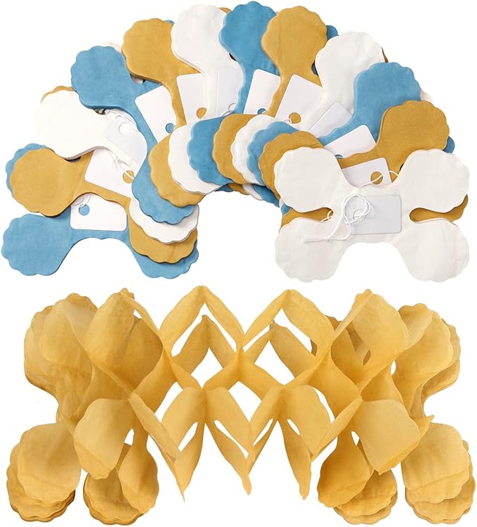 Light-Dusty Blue Beige-Gold Party Decorations - 12pcs Streamers-Garland Boho 4-Leaf Paper Banner,Men Boy Birthday Baby Bridal Shower Bachelorette Wedding Engagement Graduation Decor Ouruola