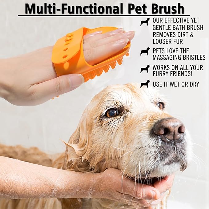 Dog Bath Brush, 2 Pcs Short Hair Grooming Brush for Dogs & Cats - Soothing Massage Rubber Bristles Curry Comb with Adjustable Handle