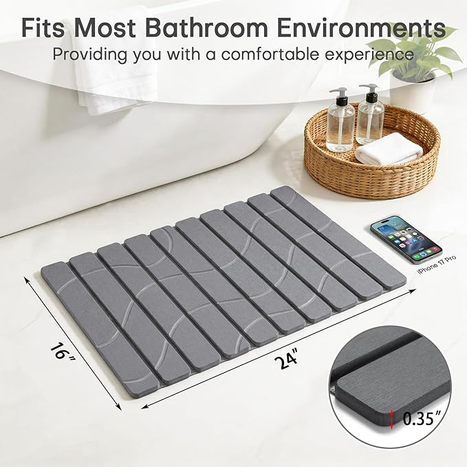 Linidcoud Foldable Stone Bath Mat, Non Slip Large Diatomaceous Shower Mat, Super Absorbent Quick Drying Stone Mat for Bathroom Kitchen Floor Counter Sink,Easy to Clean & Store (24" x 16" Dark Gray)