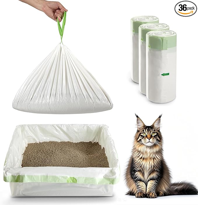 Cat Litter Box Liners Disposal Bags with Tie Handles,Large,37" x 17" Jumbo Drawstring Extra Durable Pet Cat Pan Liners for litter box Extra-Thick Kitty Litter Box Bag-36 Counts (3 Pack)