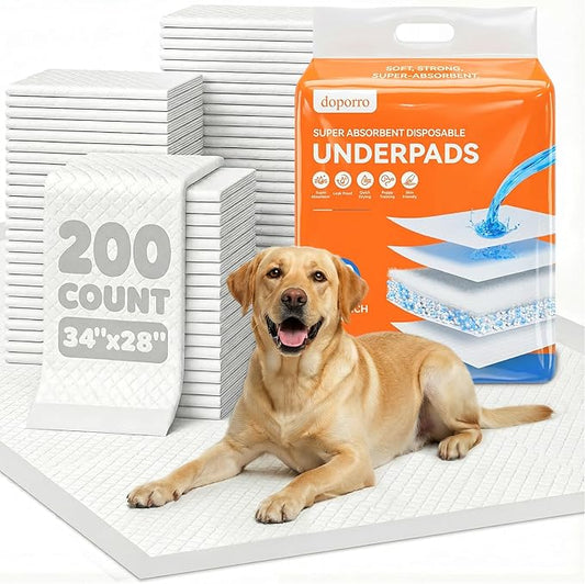 200 Pack Bulk Dog Pee Pads Extra Large 28x34, Adhesive Sticky Tabs Leakproof Puppy Training Pads, 6-Layer Super Absorbent Dog Pads for Large Dogs, Long-Lasting Value Supply