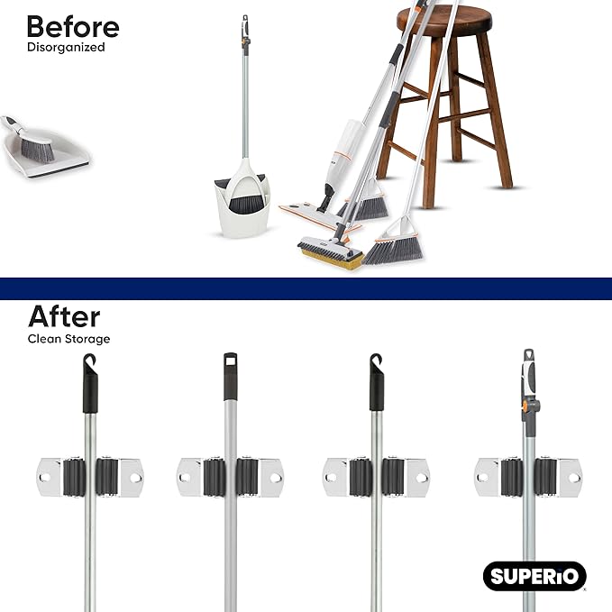 Superio Mop and Broom Holder, Set of 8 Single Piece Hooks, Stainless Steel Wall Mount Cleaning Storage Tool Organizer, Heavy-Duty Hook for Kitchen, Closet Garage, and Office