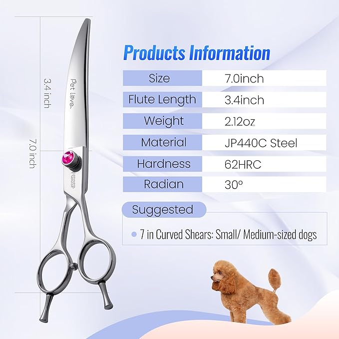 Curved Scissors for Dog Grooming 7 inch 30°Downward Professional Curved Shears Dog Grooming for Poodle Pet Cat Face Japan 440C Stainless Steel Right Handed Super Sharp(7.0'',Curved)