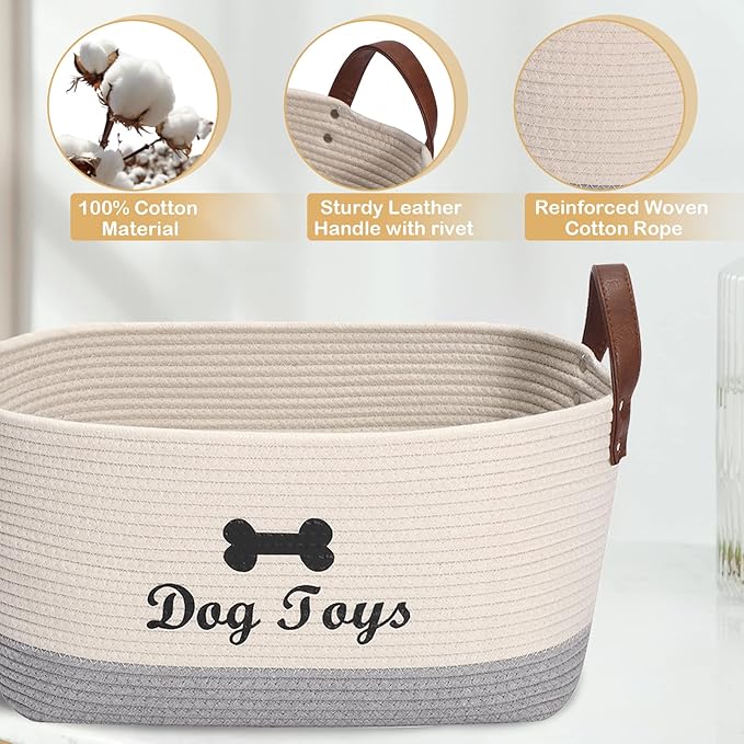 Large Cotton Dog Toy Basket Storage - 16.5"x10.6"x7.5" Puppy Bin - Perfect for Organizing Pet Toys, Blankets, Leashes & More