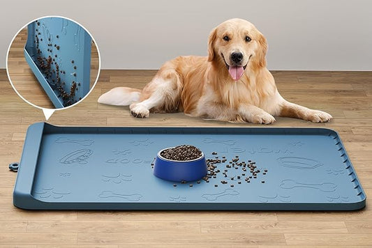 Dog Food Mat - Silicone Dog Mat for Food and Water - 36" x 24" Large Pet Feeding Mats with Residue Collection Pocket - Waterproof Dog Cat Bowl Mat with High Edges to Prevent Water Food Spills