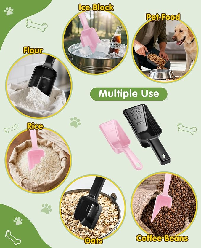 GNEOCO 2 Pack Dog Food Scoop with 1 Cup and 2 Cup Capacity, Plastic Pet Food Measuring Scoops with Clear Measurement Lines for Dogs, Cats & More,Dishwasher safe (Pink and Black)