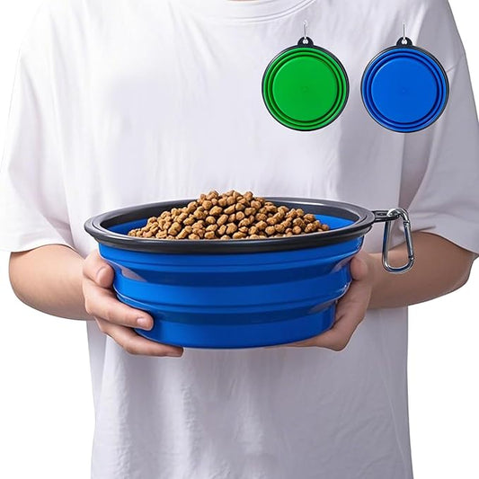 Dog Bowl Pet Collapsible Bowls, 2 Pack Collapsible Dog Water Bowls for Large Dogs Cats, Portable Pet Feeding Watering Dish for Walking Parking Traveling with 2 Carabiners (Blue+Green, Jumbo)