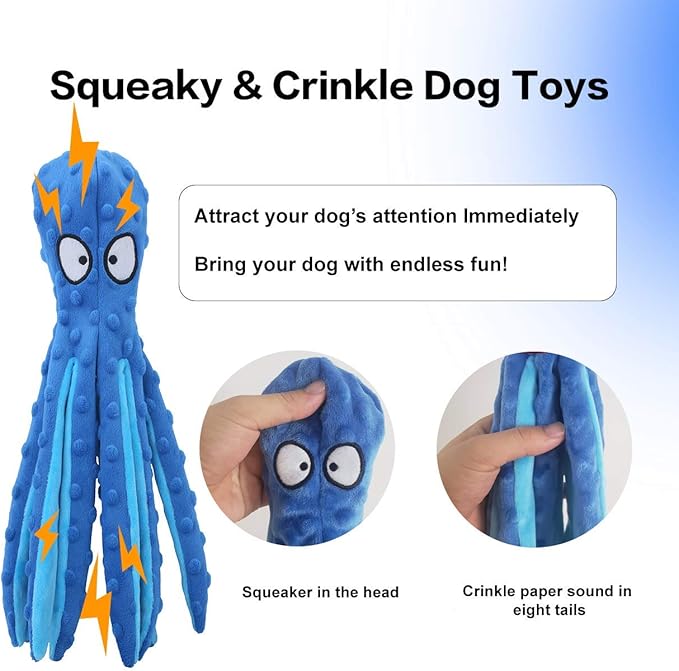CPYOSN Octopus Squeaky Plush Dog Toys - No Stuffing, Crinkle, Durable for Puppy Teething, Small to Large Dogs, 2 Pack