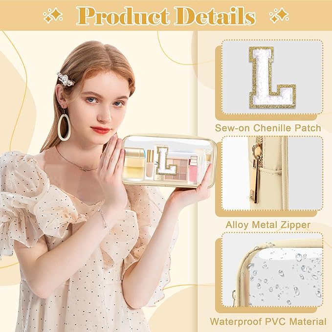 Personalized Initial Letter Clear Makeup Bag,Preppy Small Nylon&PVC Cosmetic Zipper Bag with Chenille Letter,Portable Beach Travel Skincare Toiletry Bag,Trendy Monogram Gift for Teen Girls Women,L