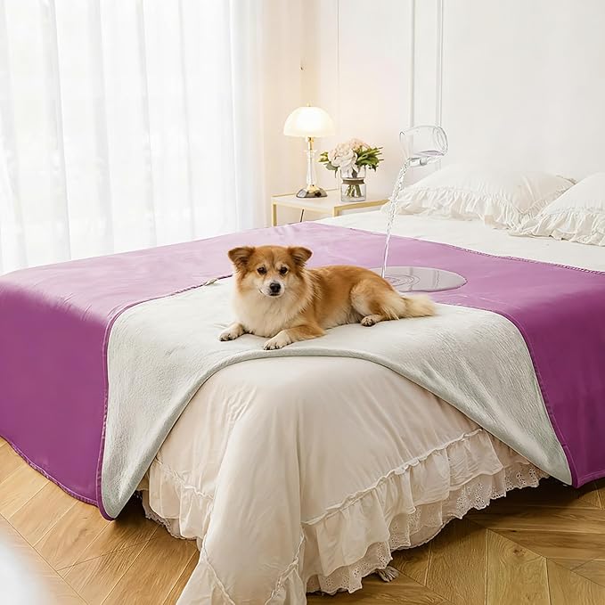 Tuffeel Waterproof Blanket for Bed King Size, Leak Proof Dog Couch Blankets Reversible, Pet Throw Sofa Furniture Protector Machine Washable-82 x108,Purple+Cream