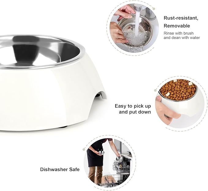 PetVillage Elevated Dog Bowls Set - Non-Slip Raised Pet Feeder with Medium (10 oz) & Large (20 oz) Stainless Steel Bowls - Includes Durable Resin Stand for Corgi Puppies and Adult Cats - White