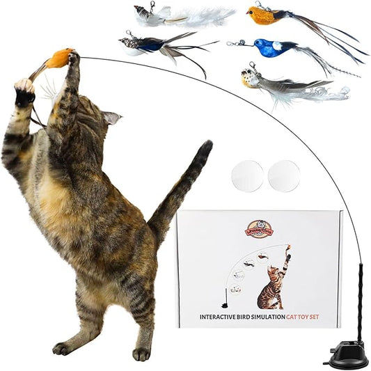 Whiskertons Interactive Bird Simulation Cat Toy Set, Interactive Cat Toys for Indoor Cats, Cat Feather Toy, Self-Holding Suction Base, 5 Replacement Birds, Feathers & Bells, Realistic Bird Impression