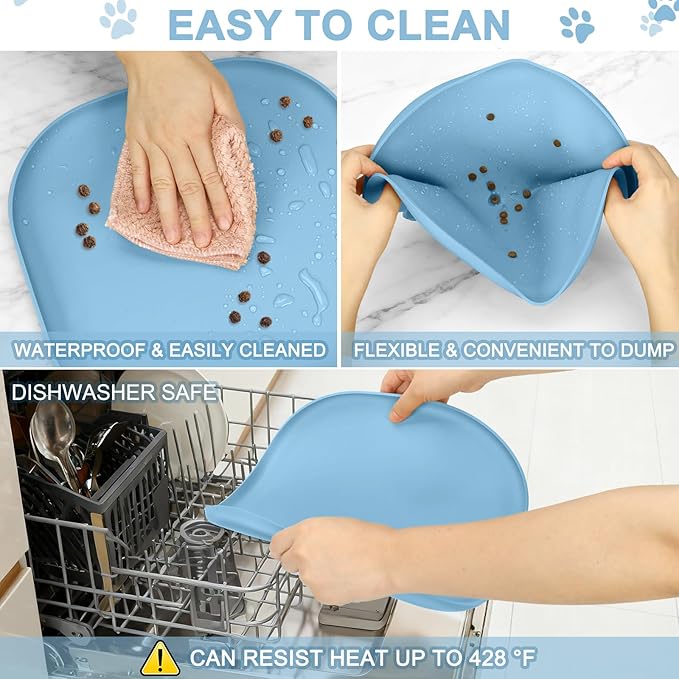 SMILOOL Silicone Pet Feeding Mat with Raised Edge for Food and Water, Dog Bowl Mats, Cat Bowls Placemat with High Lip for Floor Waterproof, Rubber Tray for Cats and Dogs 12 x 12 x 0.7 Light Blue