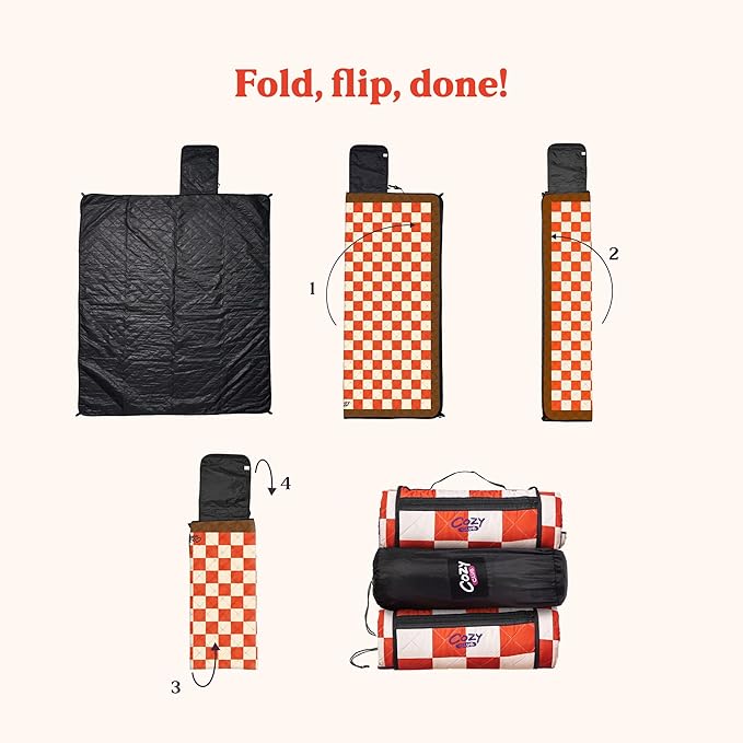 Cozy Club Waterproof Picnic Blanket Foldable Outdoor Mat with Pocket, Stakes & Shoulder Strap | Sandproof, Durable & Portable for Beach, Camping, Sporting Events & Travel