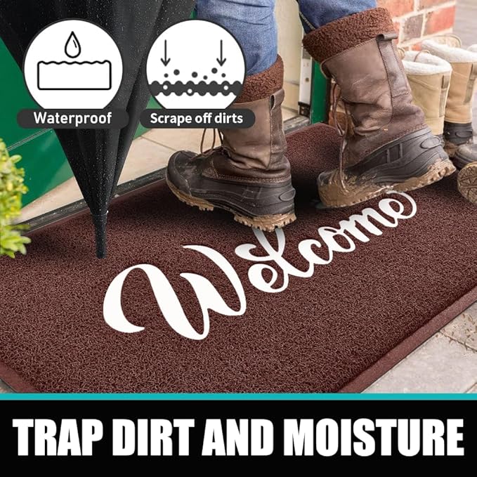 T.HENV Welcome Mat Outdoor, 32x20 Waterproof All-Season Front Door Mat Outside Entrance, All-Weather Quick Drying, Low Profile Doormat Indoor, Patio Porch Entryway Mat, Brown-White