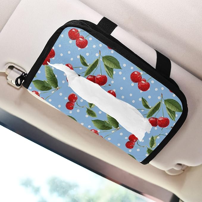 Car Tissue Holder Car Napkin Holder Car Tissue Box Dispenser Storage Case Sun Visor Mask Holder with Adjustable Straps Reusable Refillable Light Blue Dots Red Cherry