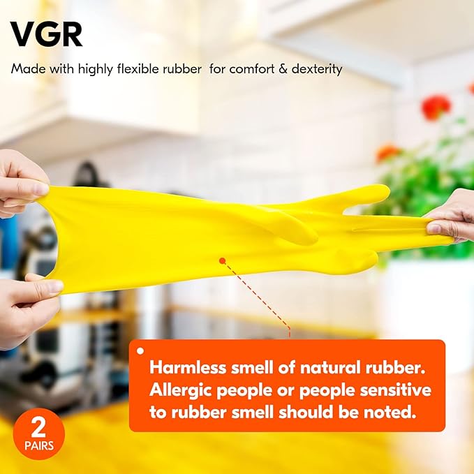 Vgo... 2-Pairs Reusable Household Gloves, Rubber Dishwashing gloves, Extra Thickness, Long Sleeves, Kitchen Cleaning, Working, Painting, Gardening, Pet Care (Size XL, Yellow, HH4601)
