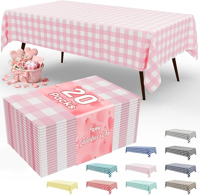 Smiry 20 Packs Gingham Disposable Table Cloth, 54 x 108 Inch Waterproof Plastic Tablecloth, Rectangle Pink and White Checkered Table Covers for Picnic, Birthday, Valentines