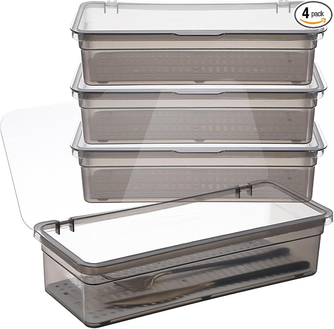 4PCS Flatware Tray with Lid and Drainer, Tableware Utensil and Cutlery Drawer Organizer with Lid Covered Silverware Tray to Keeps Your Cutlery Organized and Protected