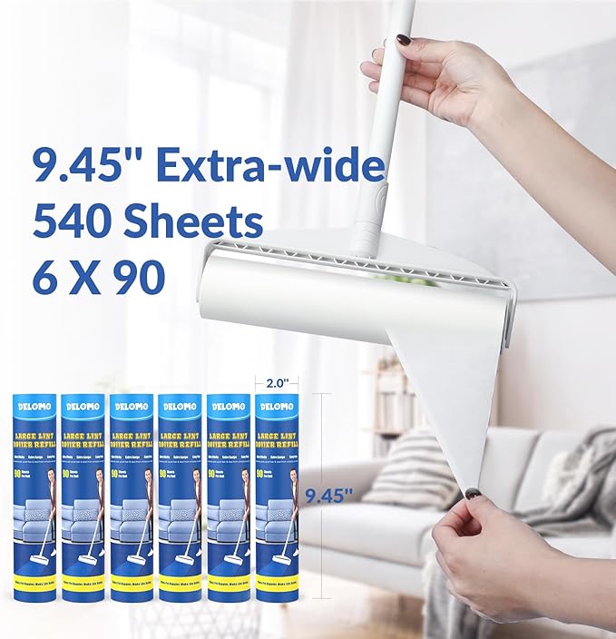 DELOMO Large Lint Roller Refills (6 Pack, 540 Sheets) – Compatible Only with DELOMO 9.45 in Floor Lint Roller – Extra Sticky Floor Lint Roller Refill for Carpets, Cars, Clothing & Pet Hair
