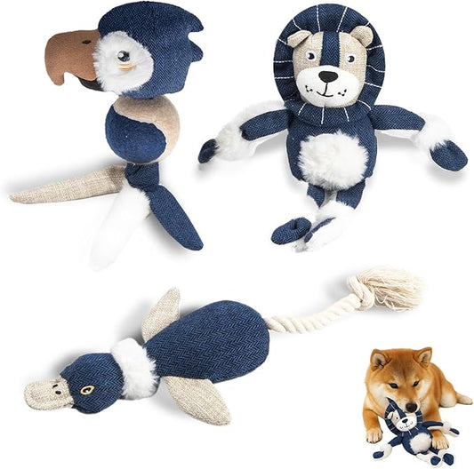 Durable Squeaky Dog Toy Set with Tug Rope | 3-Pack Interactive Plush Toys for Small to Extra Small Dogs | Animal Shapes – Lion, Parrot & Duck | Chew, Play, and Tug of War | Pet Toy Set