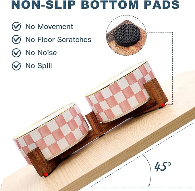 Ceramic Dog Bowls for Medium Dogs, 3.5 Cup Checkered Dog Food and Water Bowl with Acacia Wood Stand, Non-Slip Anti-Tip Elevated Feeding Station, Pink and White