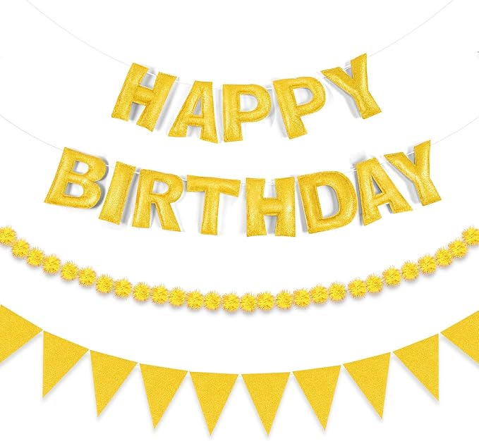 CANREVEL Pre-Strung 3D Happy Birthday Banner, 3 PCS Gold Happy Felt Garland, Pom Pom Garland, Triangle Fabric Bunting, Reusable Gold Birthday Decorations for Women Men Girls Boys