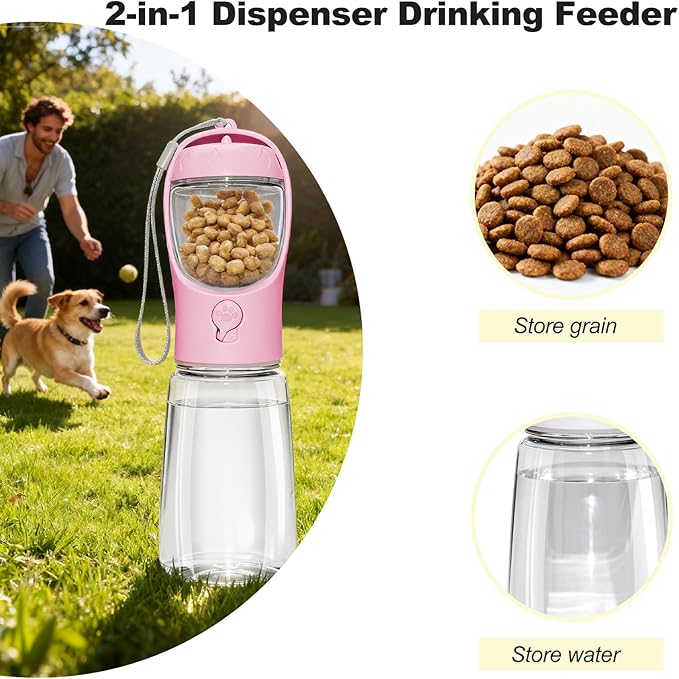 Portable Dog Water Bottle with Food Container, BPA Free Travel Water Bottle for Dogs, 2-in-1 Dispenser Drinking Feeder for Pets Walking, Hiking, Travel, Puppy Essentials, Pink, 19oz