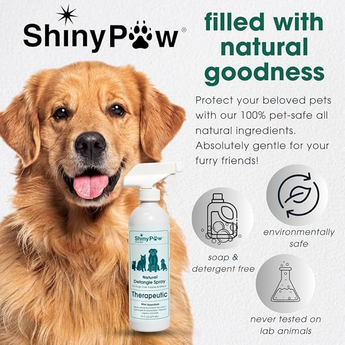 Pet Detangler Spray for Dogs & Cats 16 oz by Shiny Paw | Mint Essentials Detangler Spray | Hypoallergenic Dogs Detangler | Shines & Restores Coat | Made in The USA