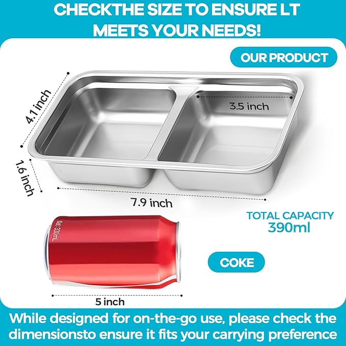 4 Pack Stainless Steel Snack Containers Reusable, Grab and Go 2 Compartment Food Storage Meal Prep Containers with Lids Stackable for Travel Camping School Lunch, Gifts for Gym Home Cooks