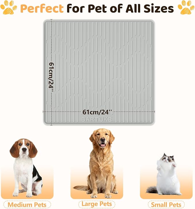 Silicone Cat & Dog Food Mat, 24" x 24" Large Pet Feeding Mat for Cats and Dogs Bowl, Pet Placemat for Food and Water with Raised Edge, Waterproof, Leakproof (Grey)