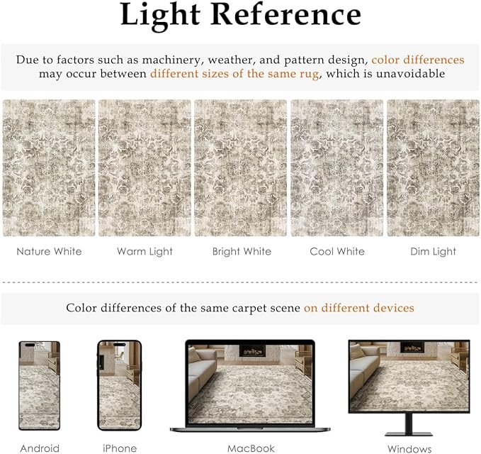 8x10 Washable Neutral Area Rug Taupe Vintage Living Room Bedroom Carpet Non-Slip Soft Low Pile Farmhouse Large Throw Rug for Dining Room Entryway Office