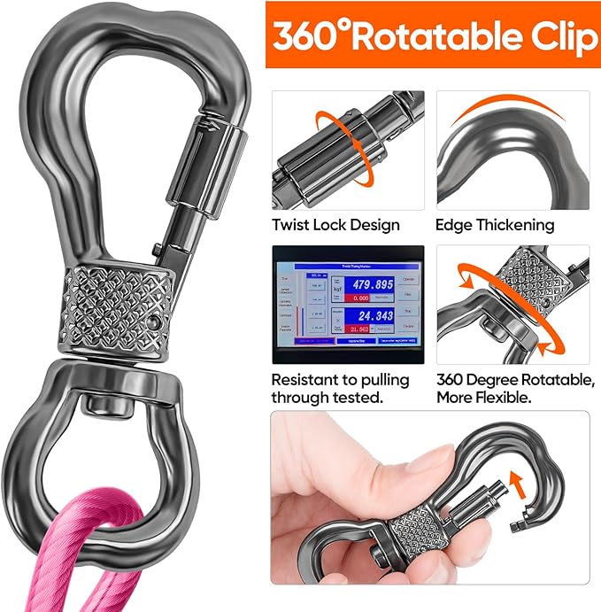 Tresbro 20FT Reflective Tie Out Cable for Dogs Up to 250 Pounds, Steel Wire Lead Leash Cable with Stainless Rotatable Buckle, Lightweight and Enduring, Dog Chains Outside for Outdoor, Yard, Pink