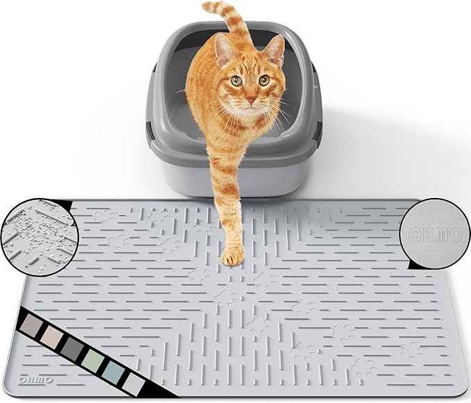 OHMO Cat Litter Mat Trapping Mat Premium Silicone Rubber 23.5x16" Ash, Waterproof and BPA Free Kitty Litter Box Mat, Easy to Clean and Keeps the Floor Tidy
