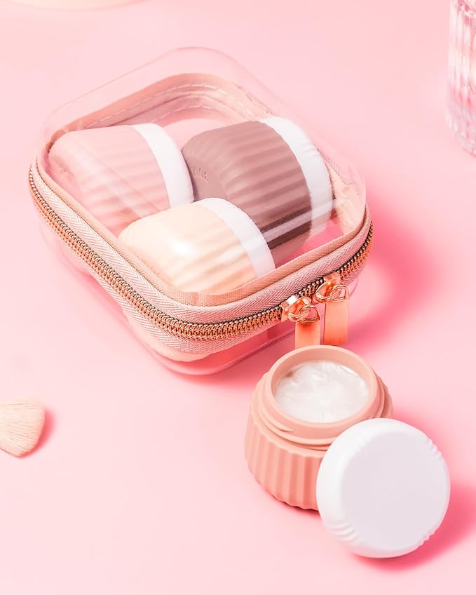 Travel Containers for Toiletries 4 Pack, Clear Hard Zipper Case, TSA Approved Travel Size Toiletries, With Clear Bag Leak Proof Silicone Jars, Creams Jars Carrying Small Items