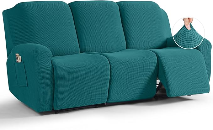 TAOCOCO Recliner Sofa Covers 8-Pieces Stretch Large Couch Covers for 3 Seats Reclining Slipcovers Soft Jacquard Pattern Furniture Protector (Peacock Blue)