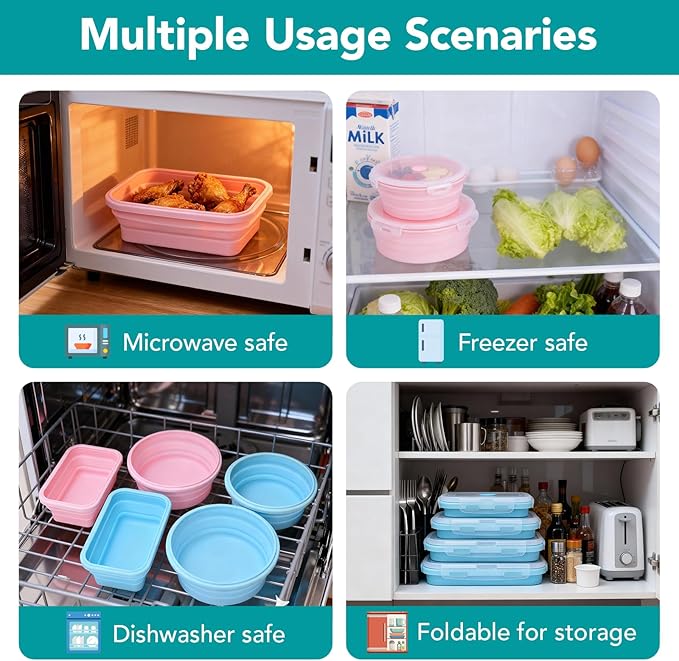 Collapsible Food Storage Containers Set, 4 Pack Round Silicone Collapsible Bowls with Lids, Silicone Lunch Container, Foldable Food Bowl for Kitchen & Camping Containers 4 Sizes