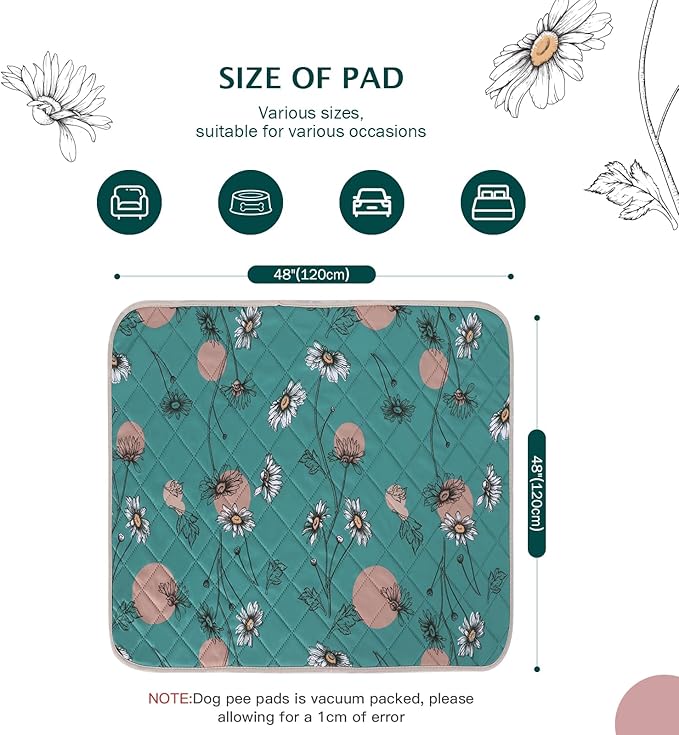 IEUUMLER Washable Pee Pads for Dogs, 1 Pack Non-Slip & Waterproof Pack Whelping Pad, Reusable Washable Puppy Potty Training Pad with Fast Absorbent for Playpen EU007 (Teal Daisy, 48"X48"-1pcs)