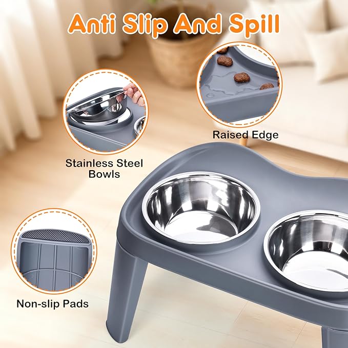 Petizer Large Sized Elevated Dog Bowls, No Spill Raised Height Stand Dog Feeder with 2 Thick 60OZ Stainless Steel Food and Water Bowl Set, Grey, for Medium Large, Food Dishes with Non-Slip Feet