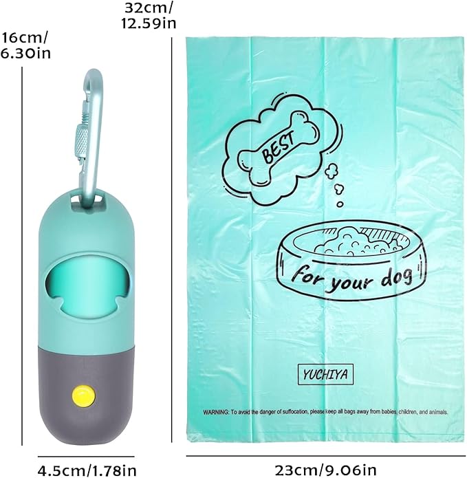 Dog Poop Waste Bags Holder with LED Flashlight|Cute Doggie Poo Bags Dispenser for Pet Leash|Trash Waste Bags Carrier with Potty Bags Clip Fastener LR44 Button Cells Included(2 Pack) (Crystal Blue)