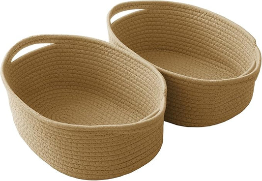 JMvicyroam Woven Basket,Small Rope Storage Bin with Handles & Ribbon Bag, Organizer for Shelves Closets,Gift Basket Empty for Birthday,Books,Dog Toys, Jute/2 Pack