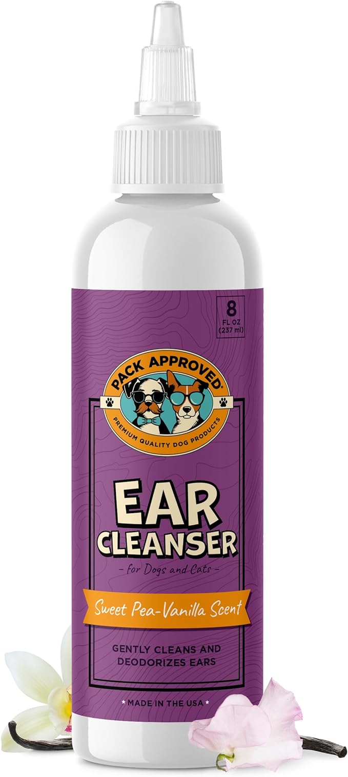 Cat & Dog Ear Cleaning Solution - Helps Remove Wax, Debris, and Dirt - Non-Stinging, Non-Burning Daily Use Formula - Cat & Dog Ear Wash for Itchy Ears - Sweet Pea & Vanilla Scent (8oz)