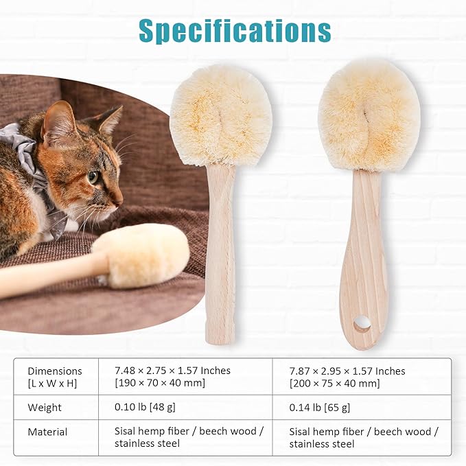 Cat Grooming Massage Tawashi Brush with Wood Handle Less Static Natural Sisal Fiber Made in Japan (Type-B)