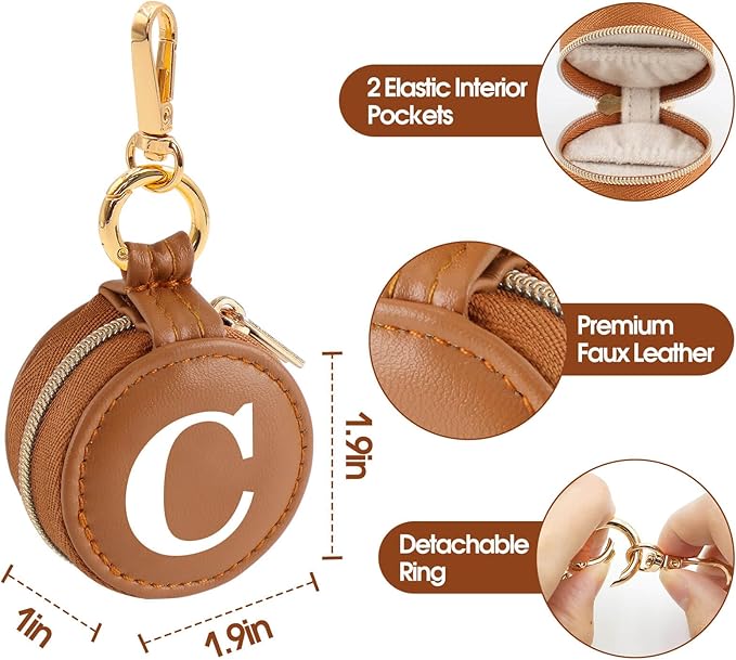 Mini Initial Travel Jewelry Case Ring Holder, Brown Faux Leather Small Jewelry Organizer Box Gifts for Women Girls Nurse Teacher, Gym Travel Accessories Keychain Pouch for Earrings Rings Necklace C