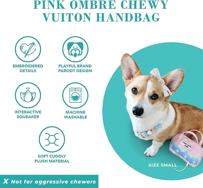 Haute Diggity Dog Pink Ombre Chewy Vuiton Handbag, Plush Designer Dog Toys with Interactive Squeaker, Stimulating Pet Enrichment, Machine-Washable & Safe Materials for All Breeds, Size Large