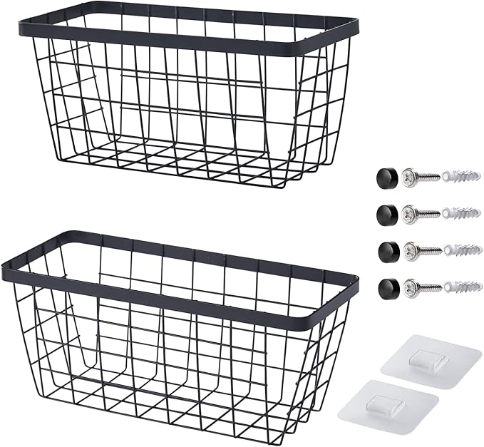 LIGHT DUST Wall Hanging Baskets - 2 Black Baskets Set Wire Basket Metal Organizer Bins for Kitchen Pantry Cabinet Bathroom Shower Door RV [Included Adhesive Hooks & Wall Mounted Screws]